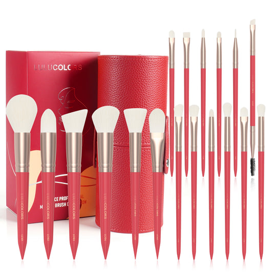 LULUCOLORS 18pc Tail Wood Makeup Brush Set (red)