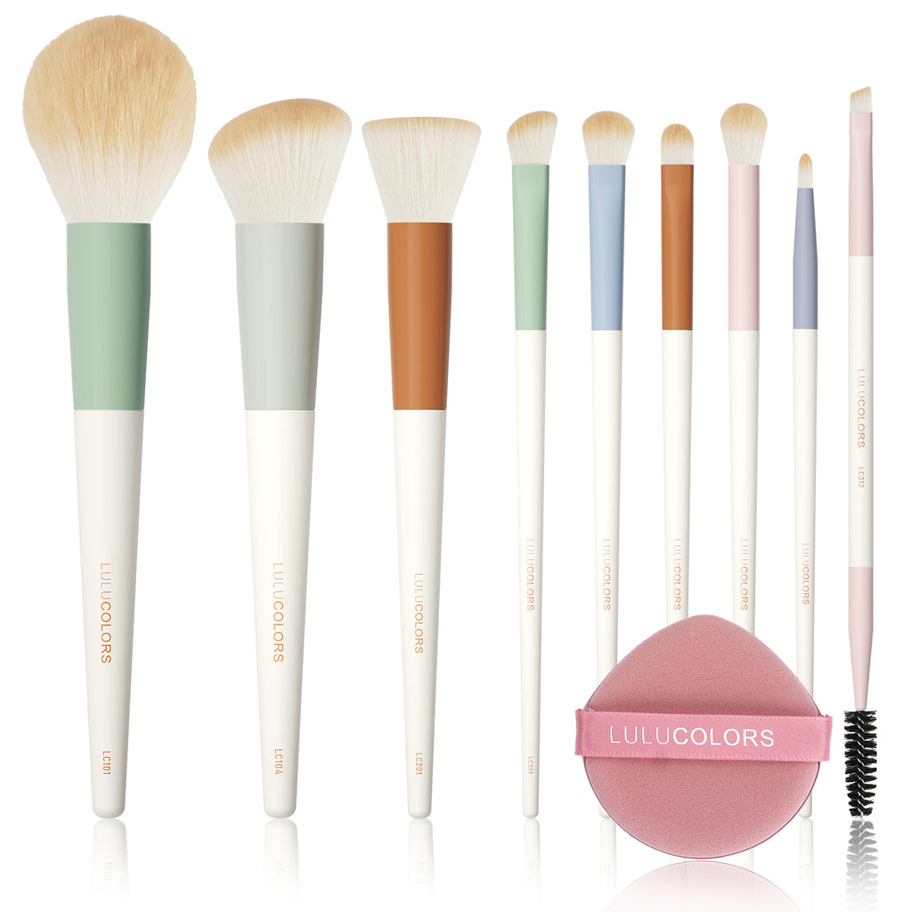 LULUCOLORS 9pc Colorful Makeup Brush Set with a Puff
