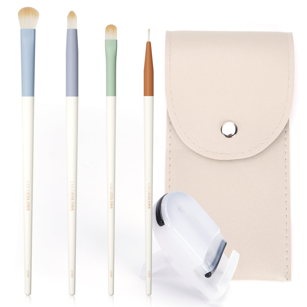 LULUCOLORS 4pc Colorful Eye Brush Set with Eyelash Curler and Travel Pouch