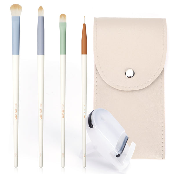LULUCOLORS 4pc Colorful Eye Brush Set with Eyelash Curler and Travel Pouch