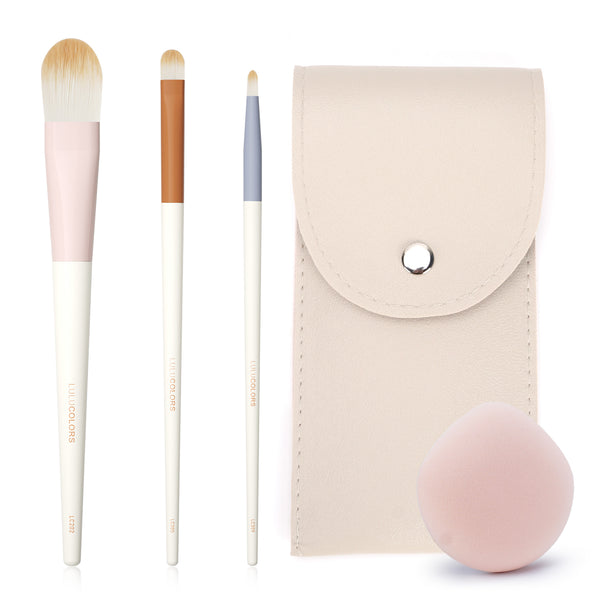 LULUCOLORS 3pc Colorful Foundation Brush Set with a Sponge and Travel Pouch