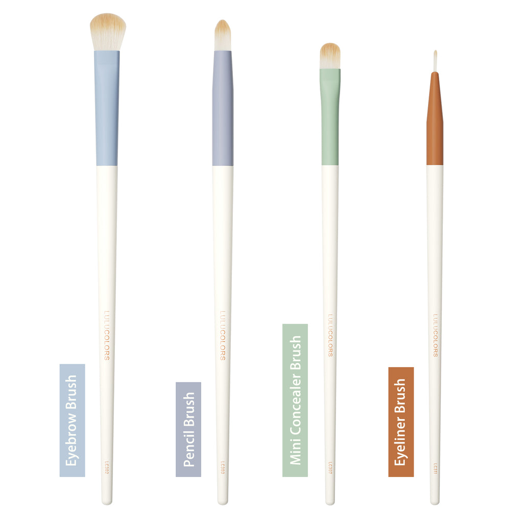 LULUCOLORS 4pc Colorful Eye Brush Set with Eyelash Curler and Travel Pouch