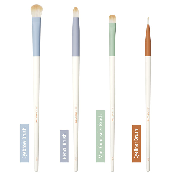 LULUCOLORS 4pc Colorful Eye Brush Set with Eyelash Curler and Travel Pouch