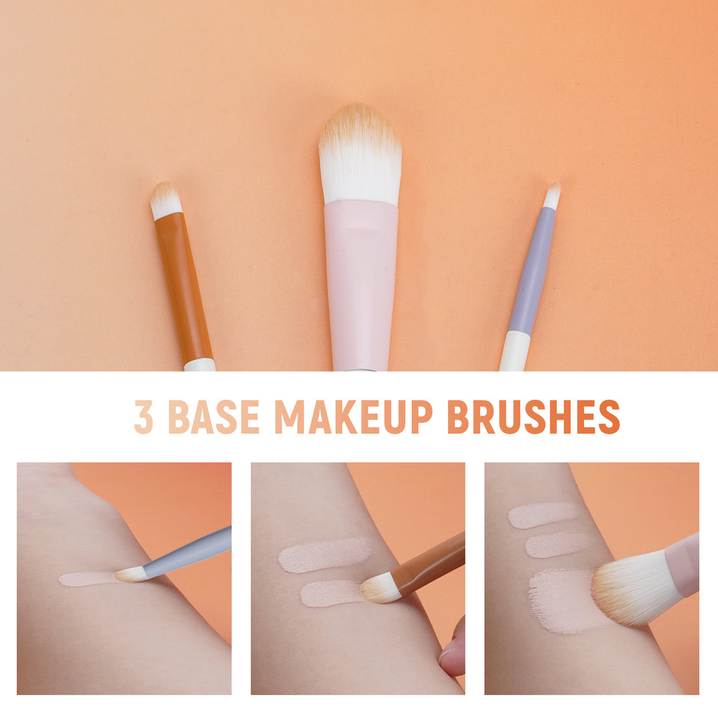 LULUCOLORS 3pc Colorful Foundation Brush Set with a Sponge and Travel Pouch