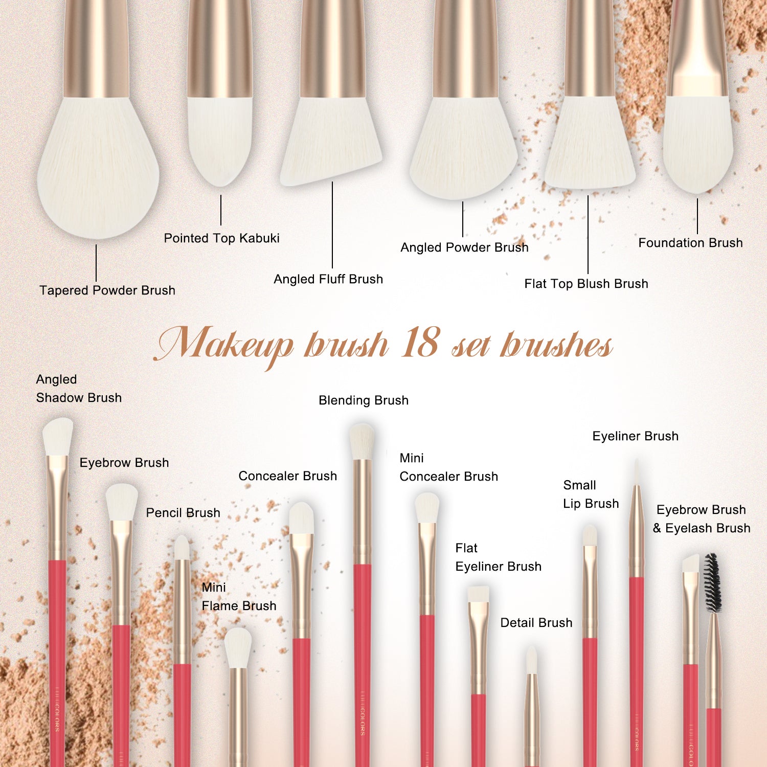 LULUCOLORS 18pc Tail Wood Makeup Brush Set (red)