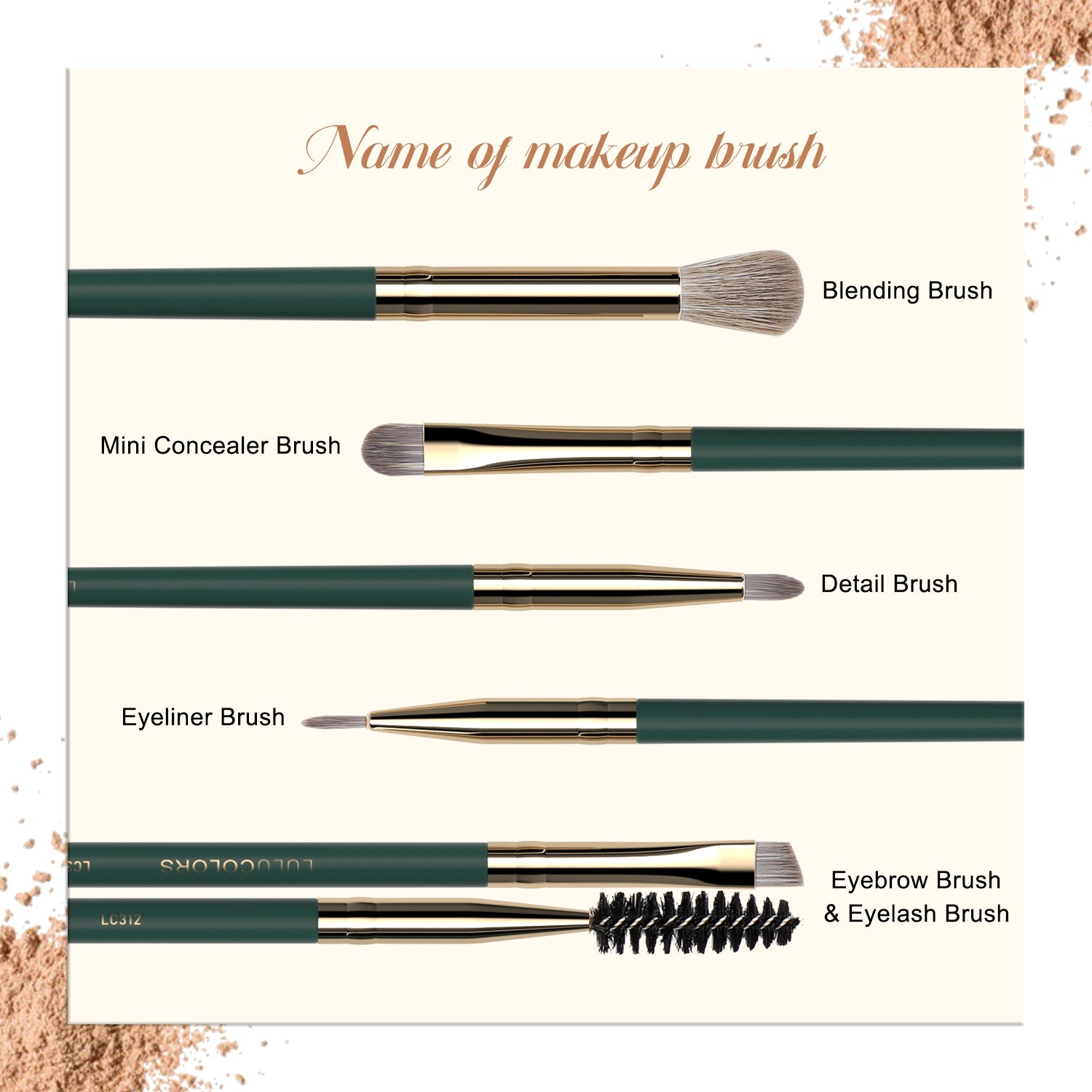 LULUCOLORS 5pc Tail Wood Eye Brush Set (green)