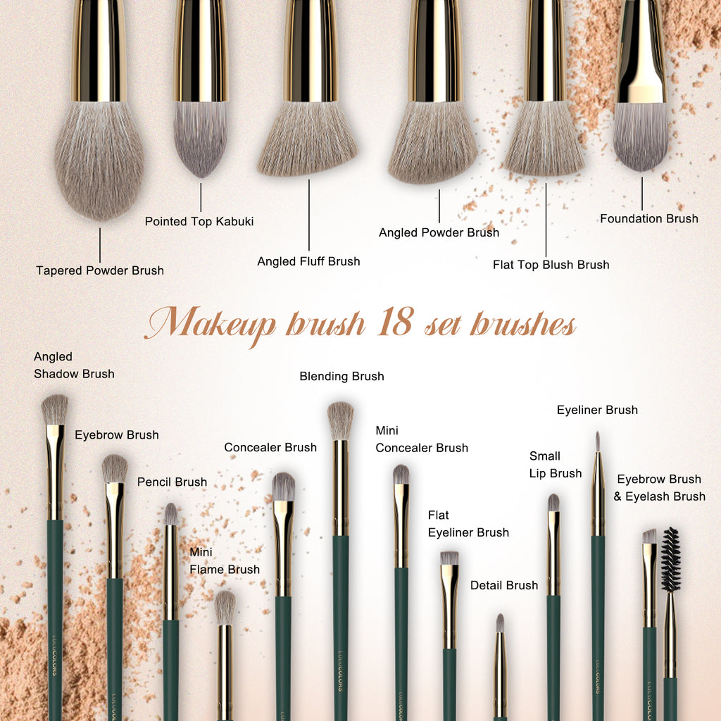 LULUCOLORS 18pc Tail Wood Makeup Brush Set (green)
