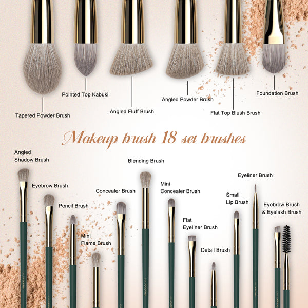LULUCOLORS 18pc Tail Wood Makeup Brush Set (green)