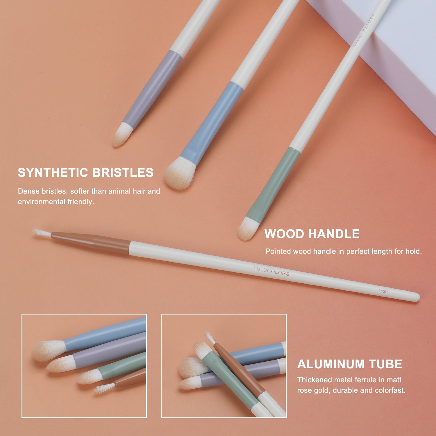 LULUCOLORS 4pc Colorful Eye Brush Set with Eyelash Curler and Travel Pouch
