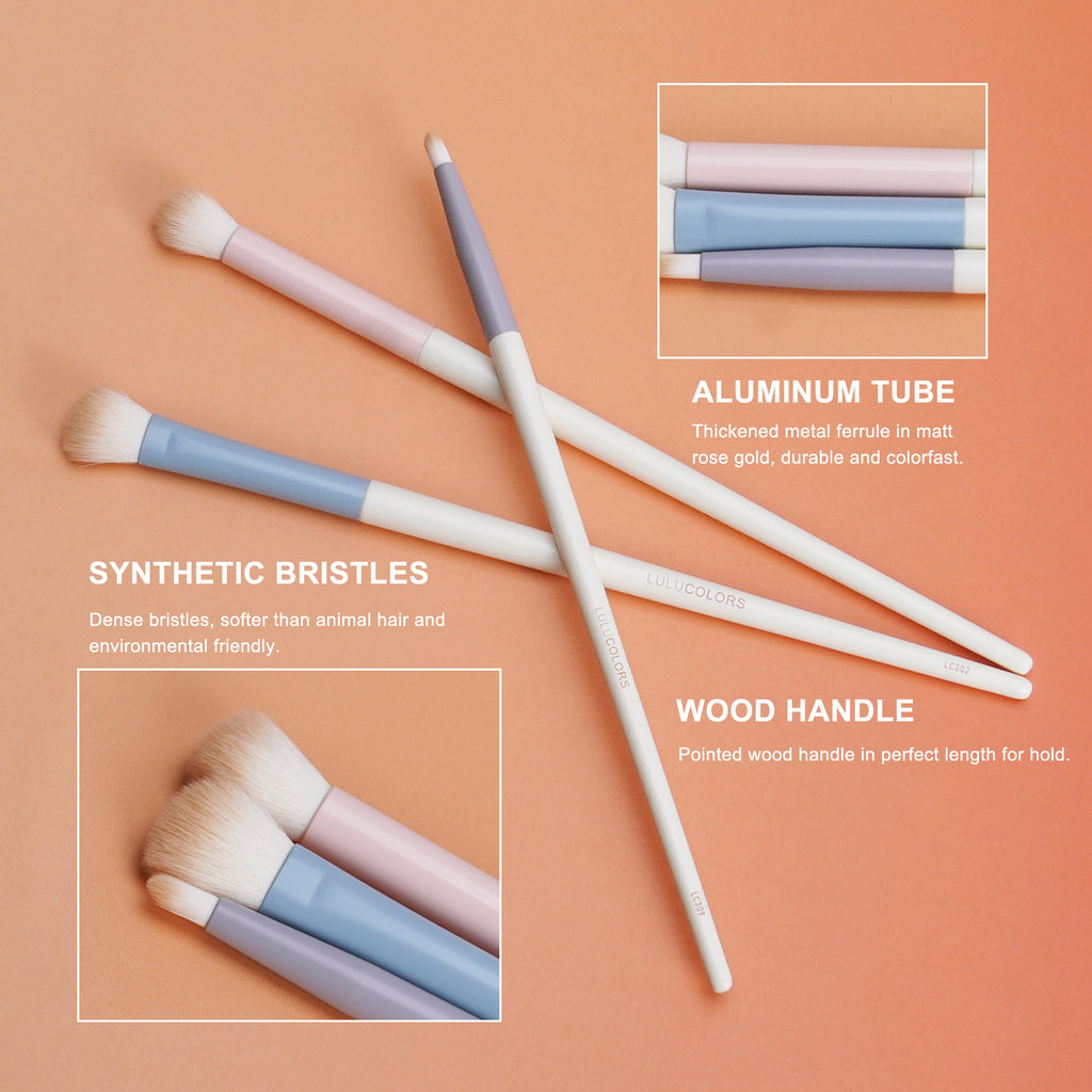 LULUCOLORS 3pc Colorful Eye Brush Set with Travel Pouch